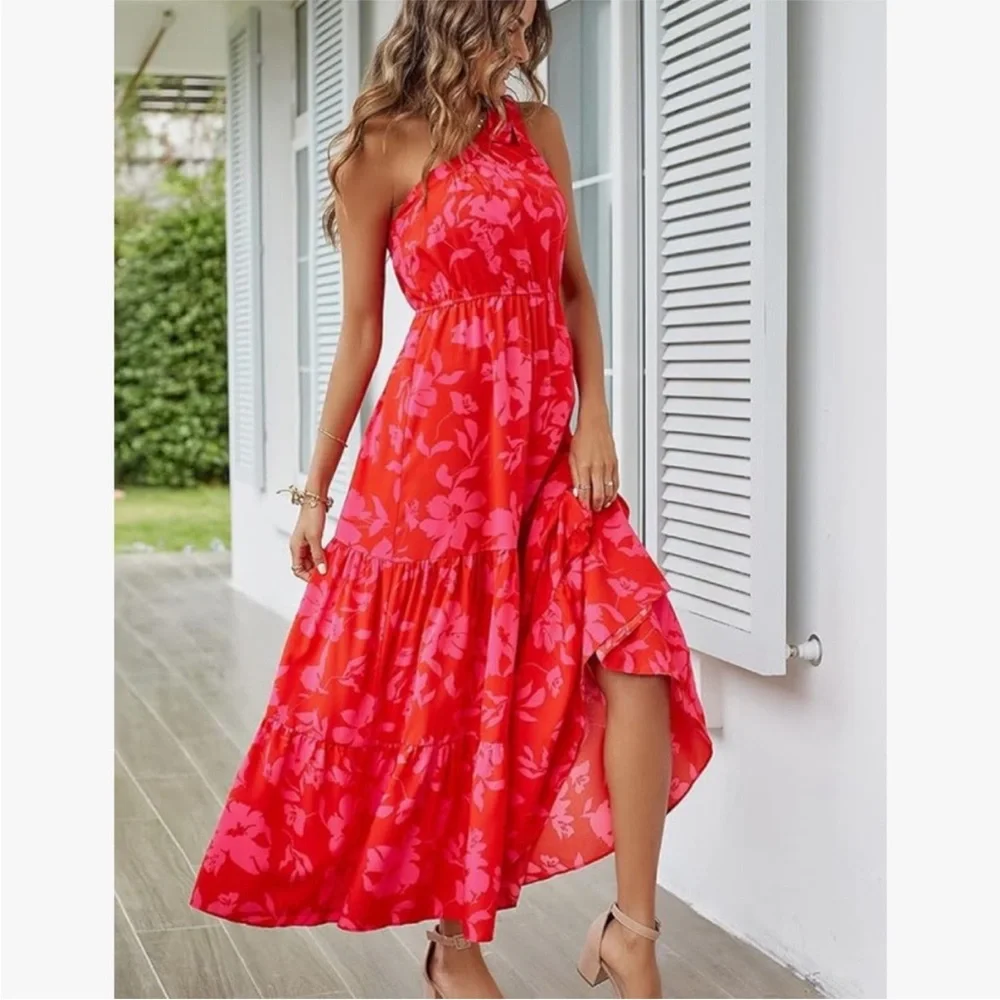 Pretty Garden NWOT size S vibrant red and pink floral maxi dress - Picture 2 of 7